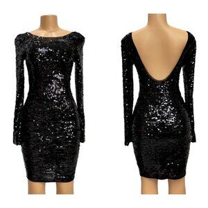 BCBG MAXAZRIA Kamila Black Dress Lined Sequined Long Sleeve Low Back Elegant